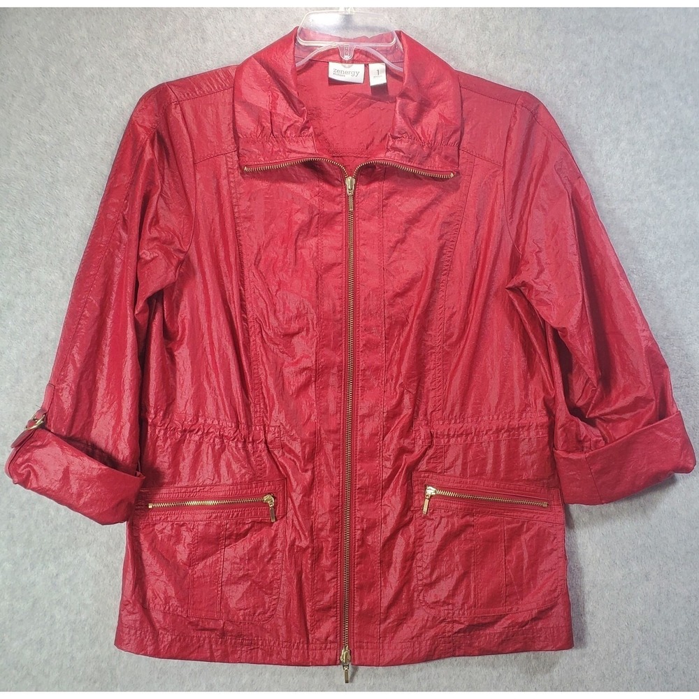 Chicos Zenergy Jacket Womens M Red Lightweight Full Zip Roll Tab Windbreaker